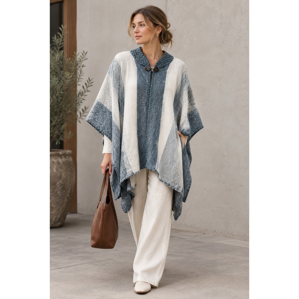 Tresart Cache Alpaca Blend Striped Poncho Wrap Blue Cream Grey - One Size